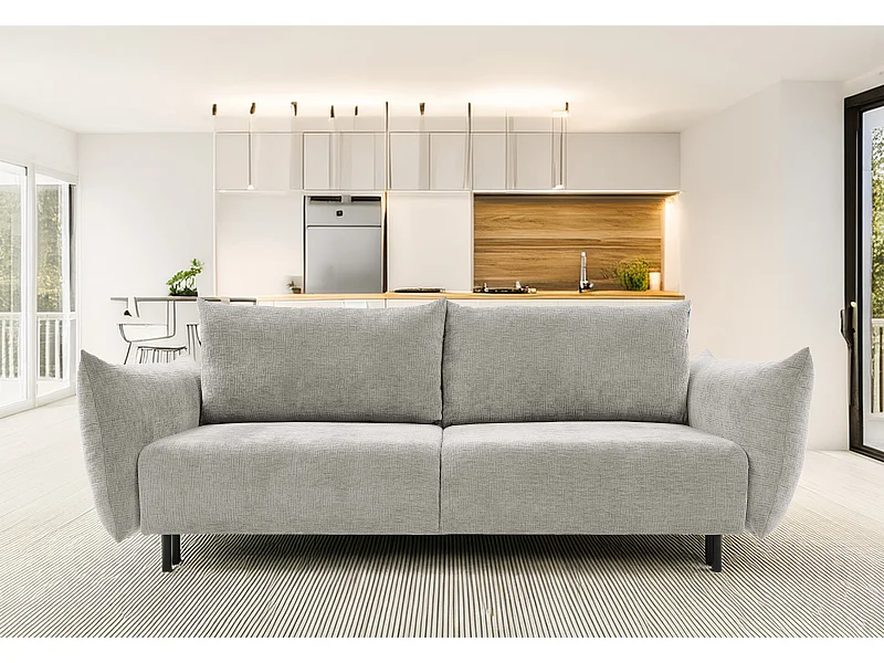 ADEL-Sofa nowoczesna sofa z funkcją spania, pojemnikiem, silikonowe poduszki, sprężyny faliste, JASNOSZARA, 145x200 cm