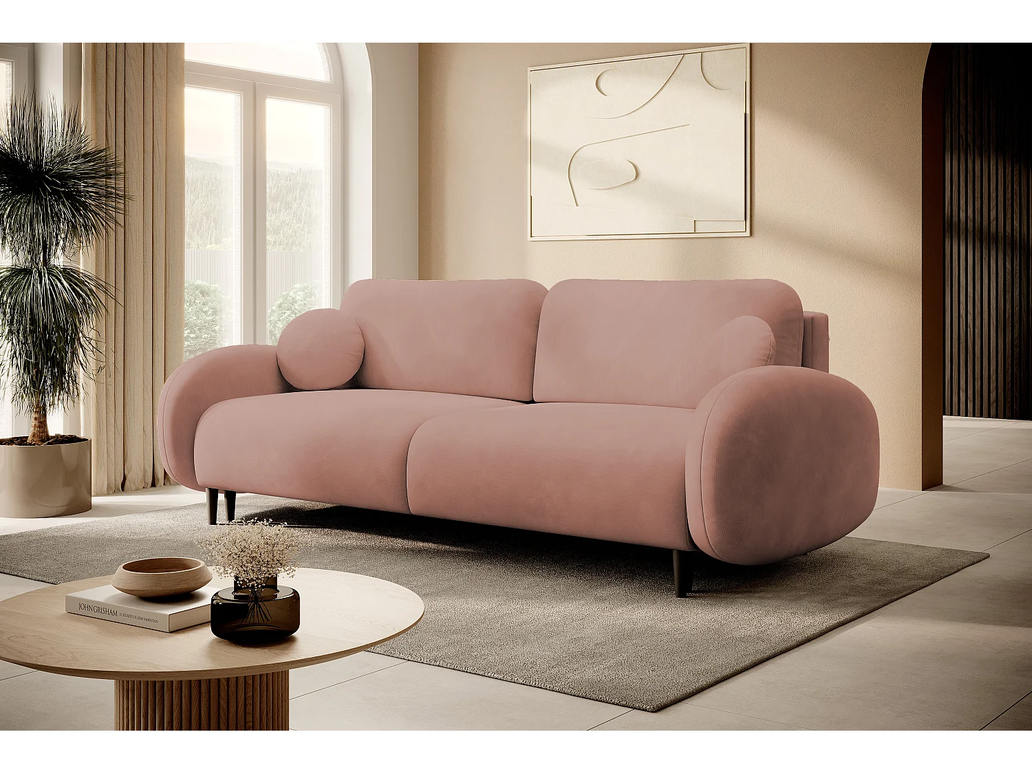 Sofa SOFT 2-osobowa, funkcja spania, pojemnik na pościel, 2 poduszki, styl nowoczesny, 232x95x109 cm, kolor: PUDROWY RÓŻ