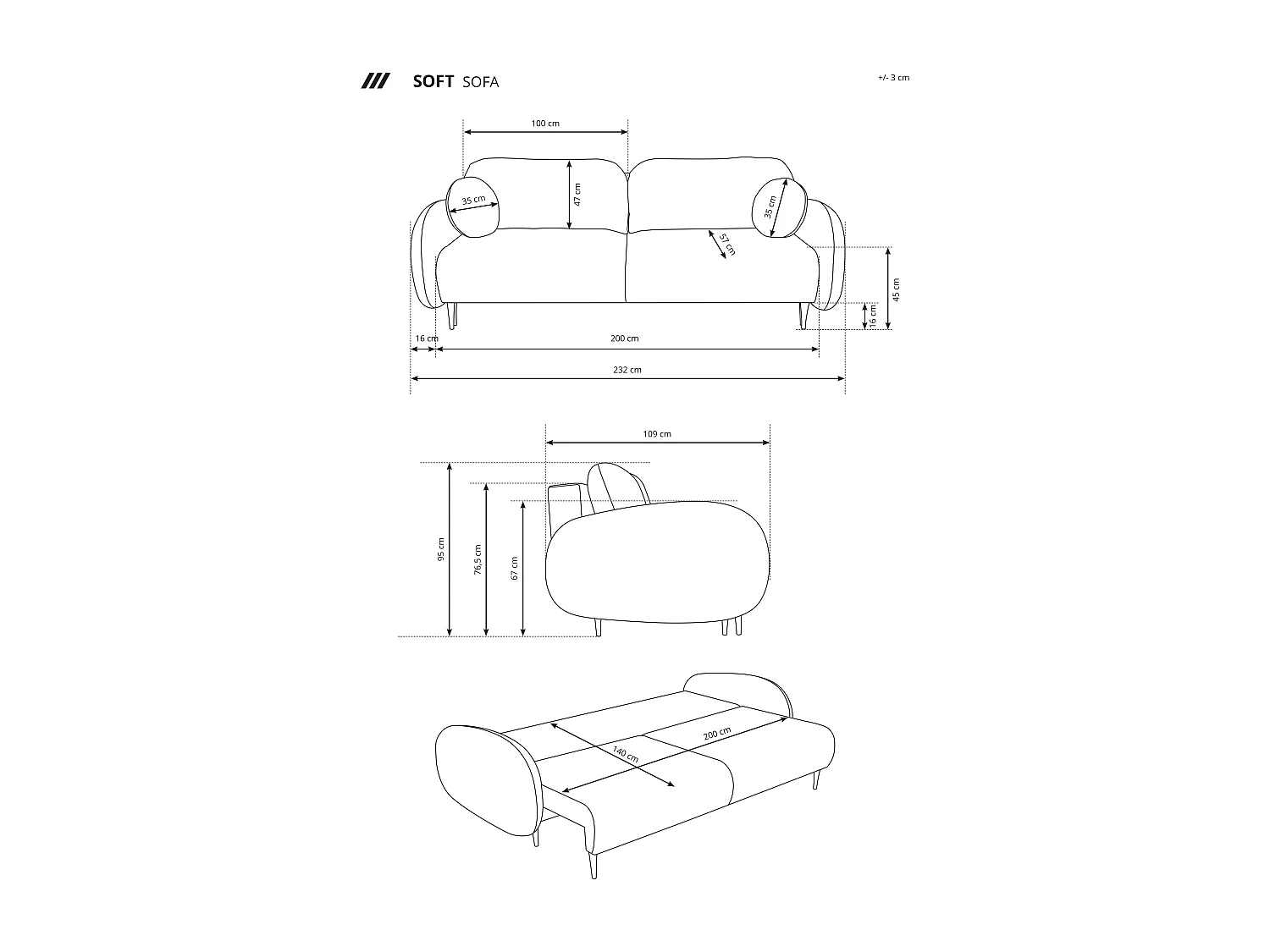 Sofa SOFT 2-osobowa, funkcja spania, pojemnik na pościel, 2 poduszki, styl nowoczesny, 232x95x109 cm, kolor: CIEMNOSZARY