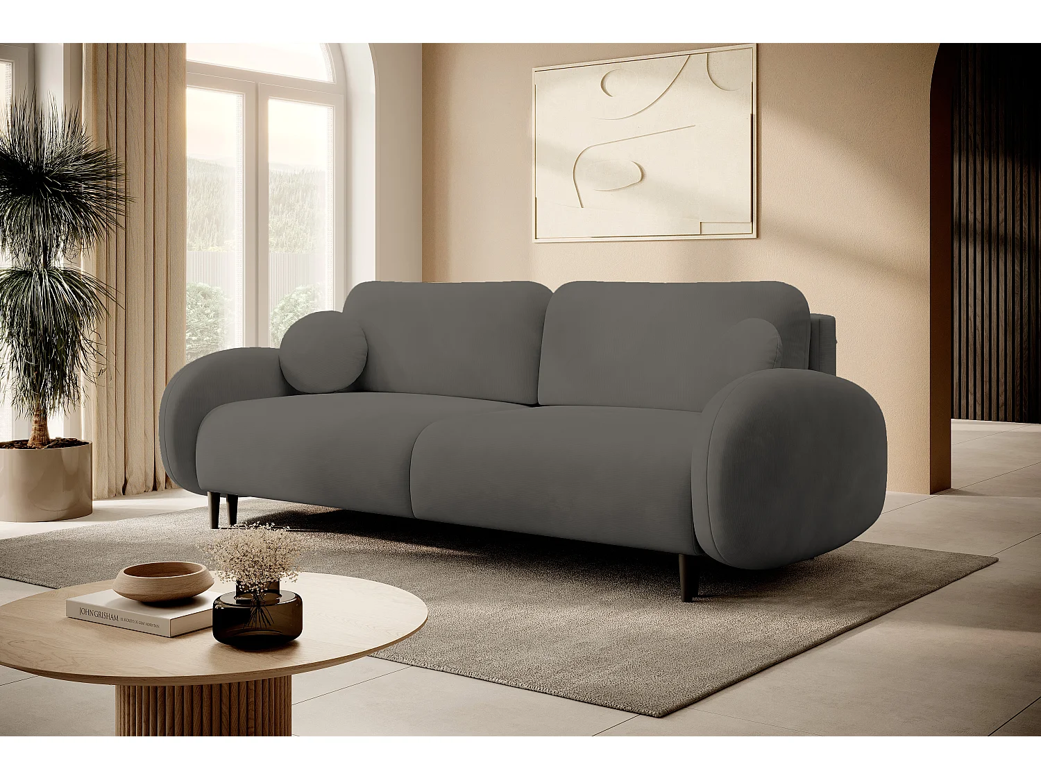 Canapé SOFT 2 places convertible, coffre de rangement, 2 coussins, style moderne, 232x95x109 cm, couleur : GRIS FONCÉ