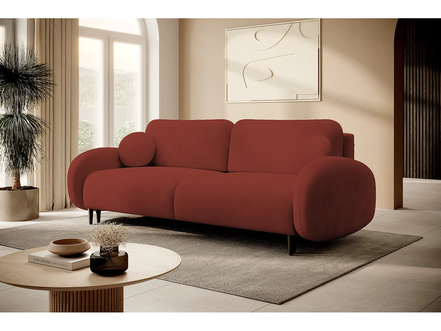 Sofa SOFT 2-osobowa, funkcja spania, pojemnik na pościel, 2 poduszki, styl nowoczesny, 232x95x109 cm, kolor: CZERWONY