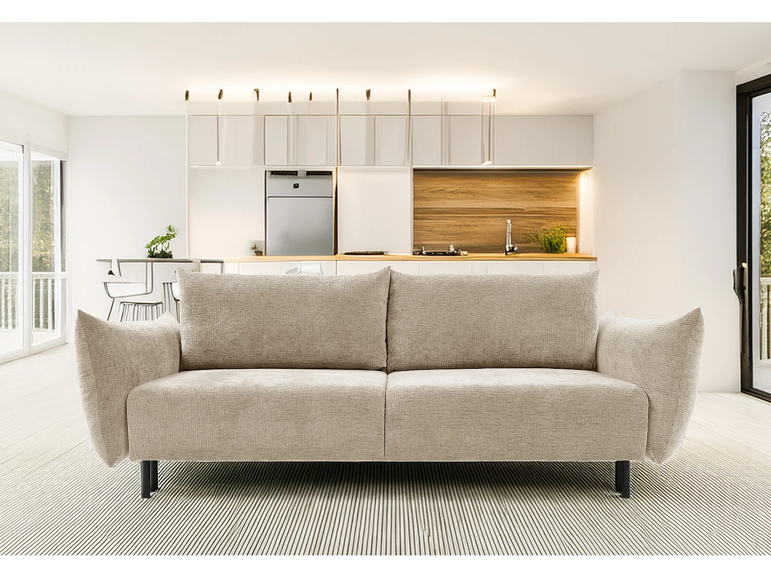 ADEL-bank – Moderne slaapbank met opbergruimte, siliconenkussens, golvende veren, BEIGE, 145x200 cm