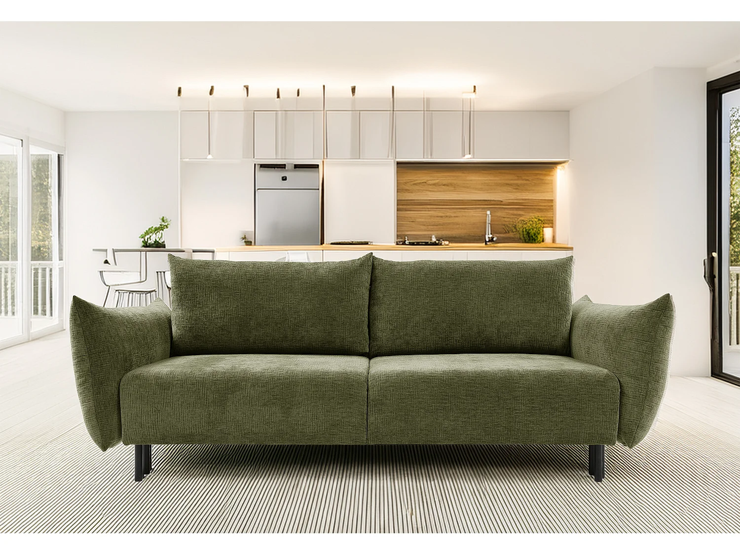 ADEL-Sofa nowoczesna sofa z funkcją spania, pojemnikiem, silikonowe poduszki, sprężyny faliste, OLIWKOWA, 145x200 cm