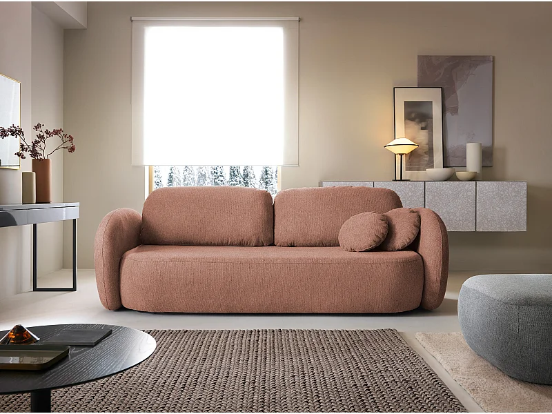 Sofa OLIO slaapbank met opbergdoos, decoratieve kussens, opvouwfunctie, Scandinavisch ontwerp, kleur: POEDERROZE