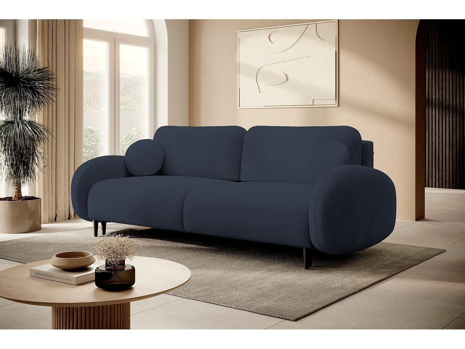 Sofa SOFT 2-osobowa, funkcja spania, pojemnik na pościel, 2 poduszki, styl nowoczesny, 232x95x109 cm, kolor: CIEMNY NIEBIESKI