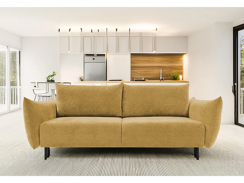 ADEL-Sofa, modernes Schlafsofa mit Stauraum, Silikonkissen, Wellenfedern, GOLD, 145x200 cm