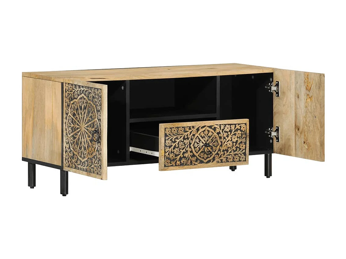 Solidna szafka RTV z mango z dużą przestrzenią przechowywania i ręcznie rzeźbionym motywem