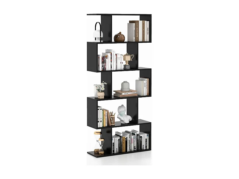Bibliothèque en Forme de S, Étagère à 5 Niveaux, Meuble de Rangement avec Anti-basculement, 70 x 23,5 x 158 cm, pour Salon, Chambre, Bureau, Noir