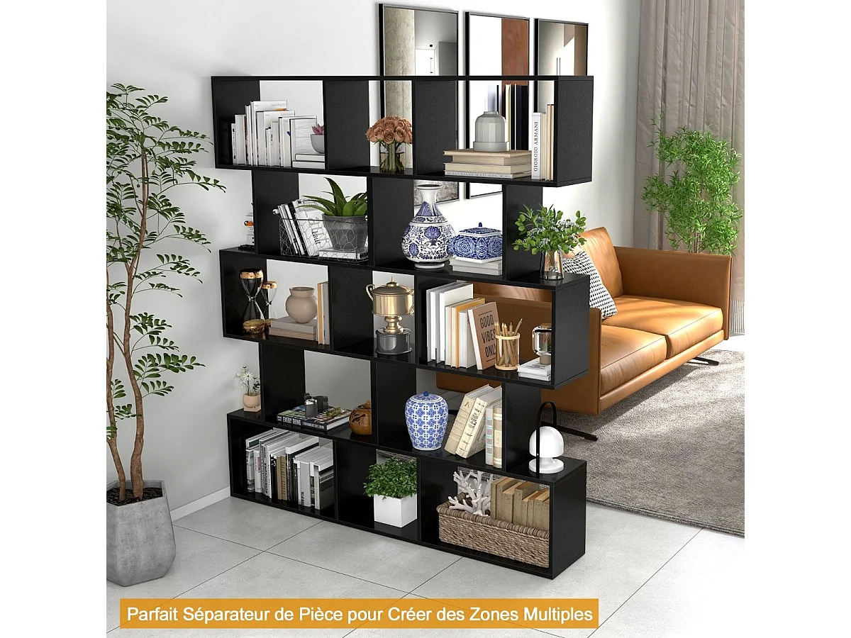 Bibliothèque en Forme de S, Étagère à 5 Niveaux, Meuble de Rangement avec Anti-basculement, 70 x 23,5 x 158 cm, pour Salon, Chambre, Bureau, Noir