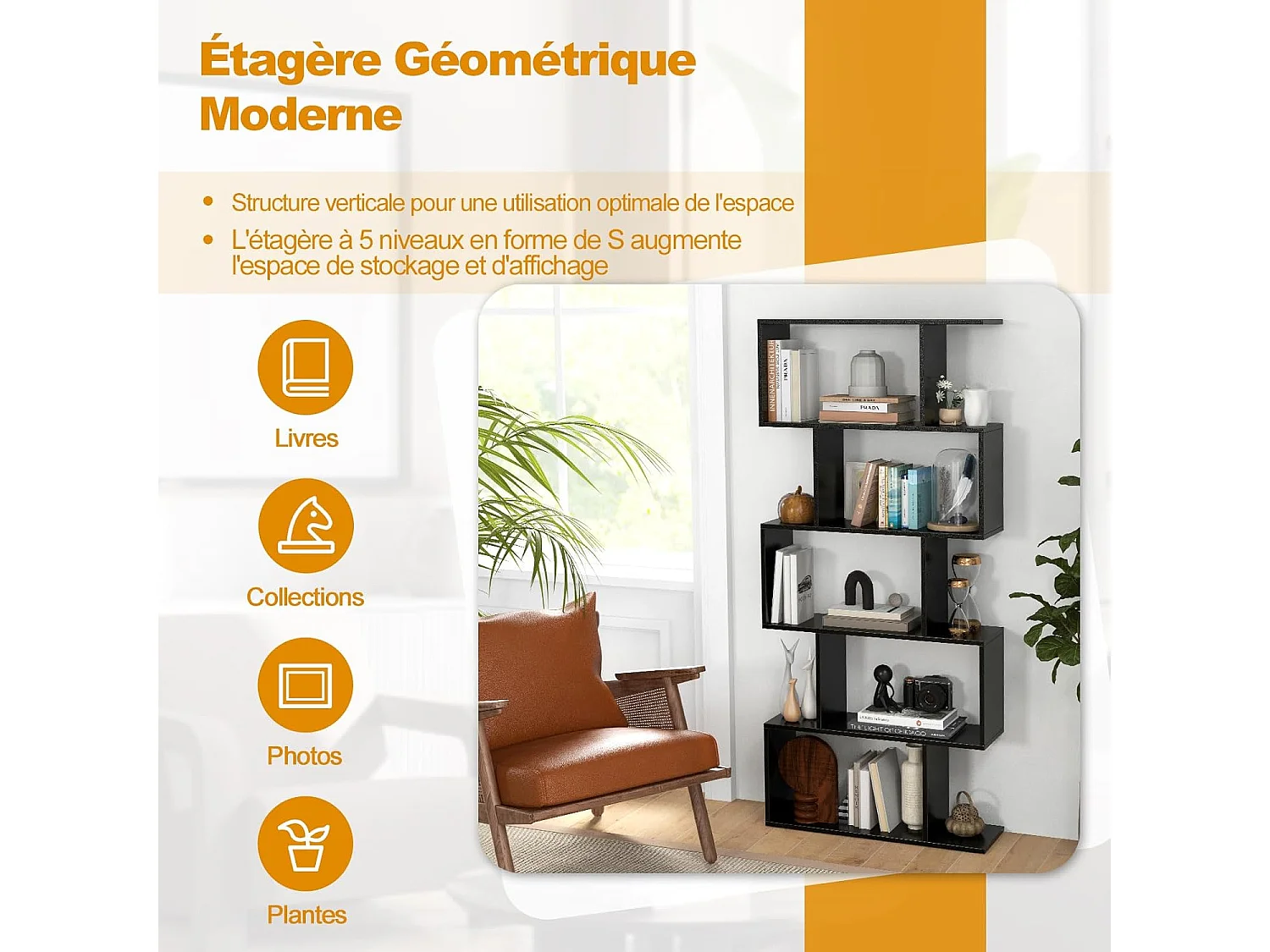 Bibliothèque en Forme de S, Étagère à 5 Niveaux, Meuble de Rangement avec Anti-basculement, 70 x 23,5 x 158 cm, pour Salon, Chambre, Bureau, Noir