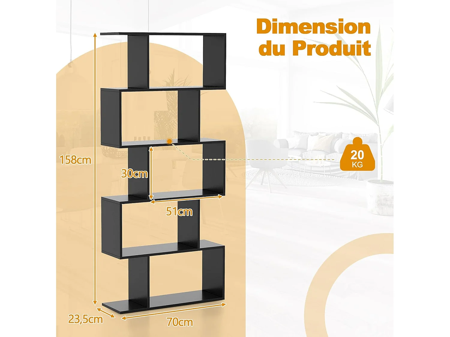 Bibliothèque en Forme de S, Étagère à 5 Niveaux, Meuble de Rangement avec Anti-basculement, 70 x 23,5 x 158 cm, pour Salon, Chambre, Bureau, Noir