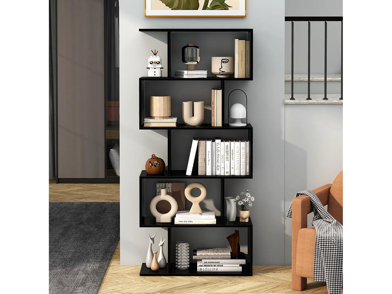 Bibliothèque en Forme de S, Étagère à 5 Niveaux, Meuble de Rangement avec Anti-basculement, 70 x 23,5 x 158 cm, pour Salon, Chambre, Bureau, Noir