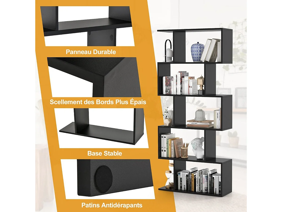 Bibliothèque en Forme de S, Étagère à 5 Niveaux, Meuble de Rangement avec Anti-basculement, 70 x 23,5 x 158 cm, pour Salon, Chambre, Bureau, Noir