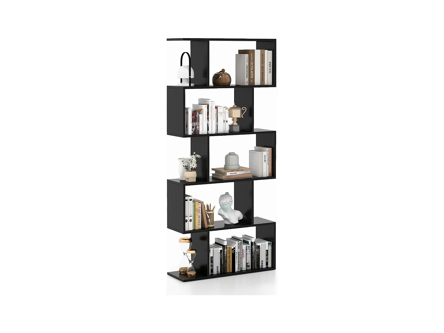Bibliothèque en Forme de S, Étagère à 5 Niveaux, Meuble de Rangement avec Anti-basculement, 70 x 23,5 x 158 cm, pour Salon, Chambre, Bureau, Noir