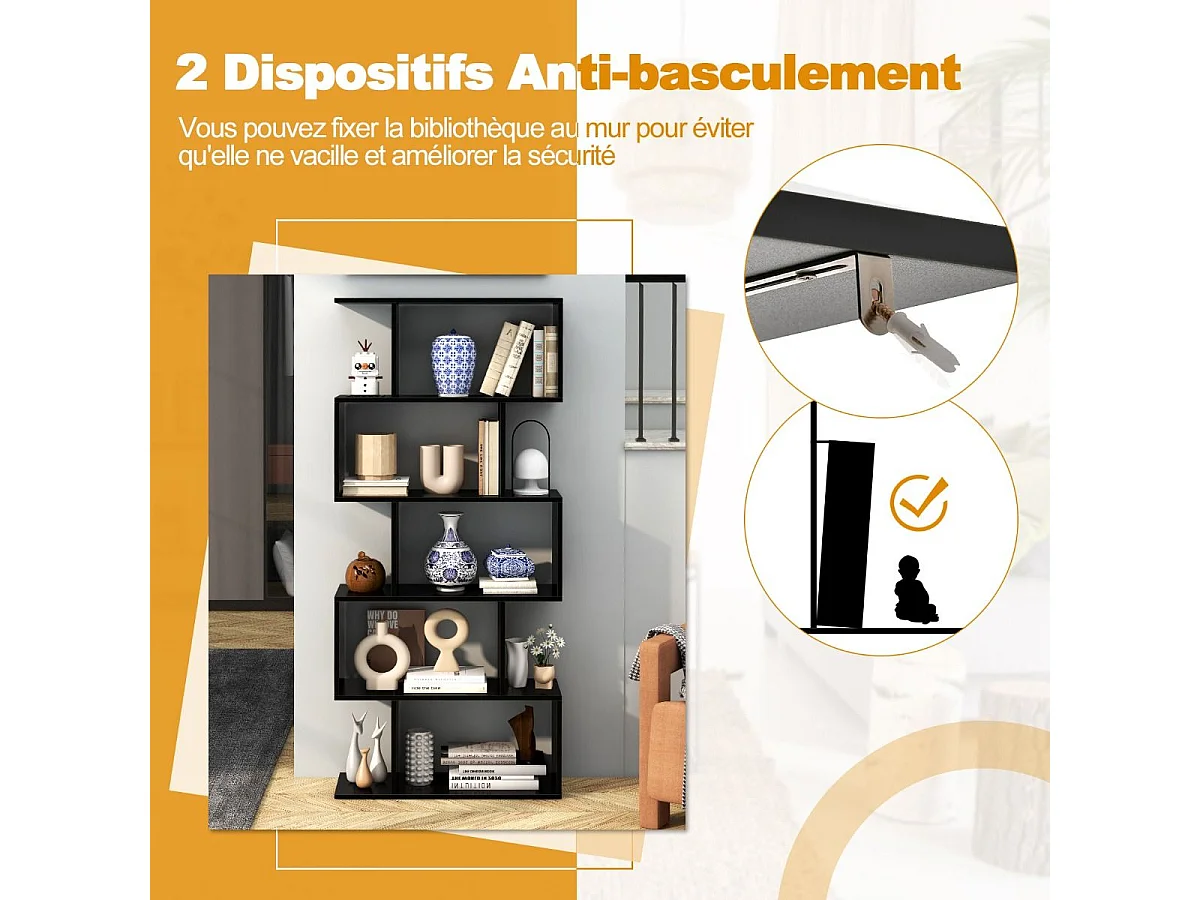 Bibliothèque en Forme de S, Étagère à 5 Niveaux, Meuble de Rangement avec Anti-basculement, 70 x 23,5 x 158 cm, pour Salon, Chambre, Bureau, Noir
