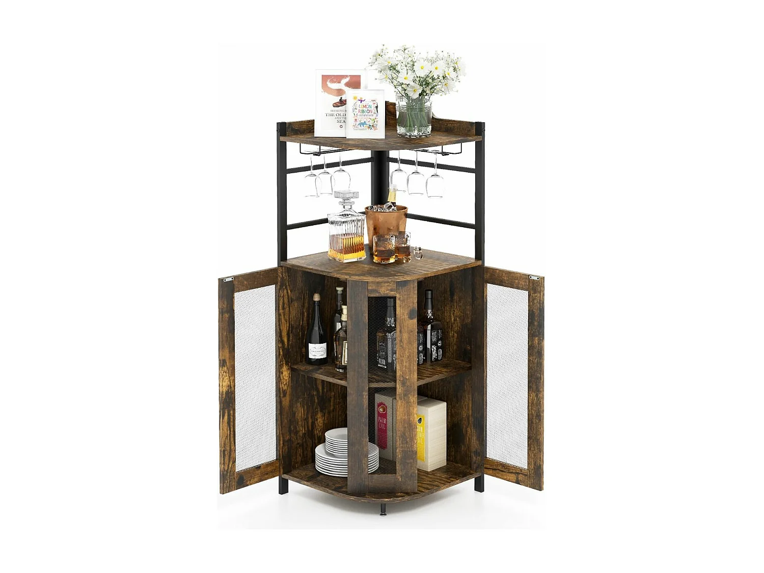 Buffet Cuisine Industriel, Armoire d’Angle, Étagère Réglable, Meuble Bar avec Porte-Verres, Placard à Porte en Maille Métallique, Kit Anti-basculement Inclus, 46 x 46 x 130 CM (Marron Rustique)