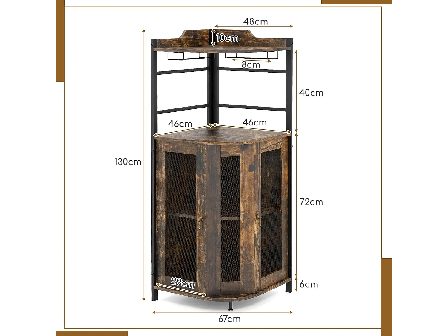 Buffet Cuisine Industriel, Armoire d’Angle, Étagère Réglable, Meuble Bar avec Porte-Verres, Placard à Porte en Maille Métallique, Kit Anti-basculement Inclus, 46 x 46 x 130 CM (Marron Rustique)