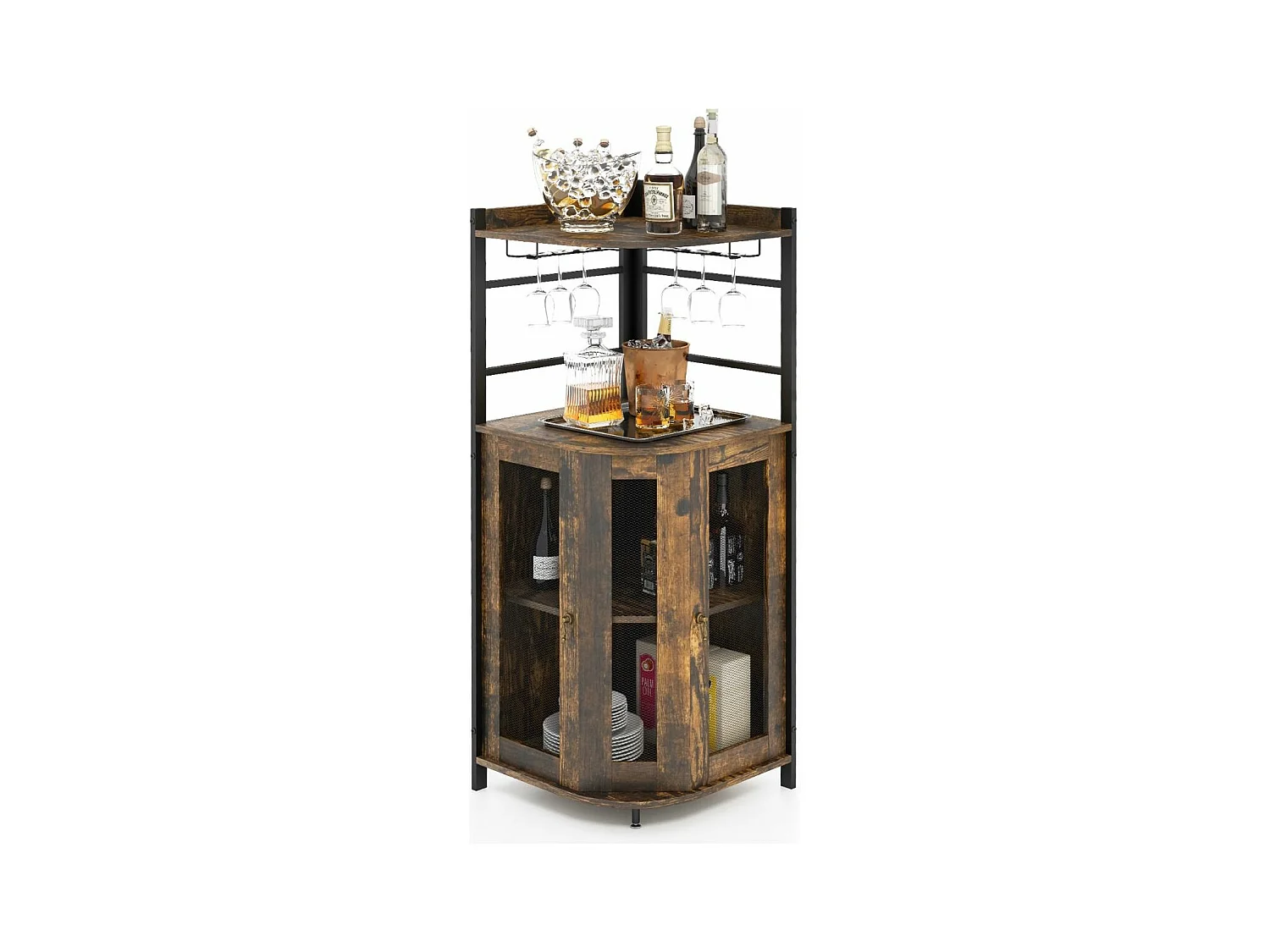 Buffet Cuisine Industriel, Armoire d’Angle, Étagère Réglable, Meuble Bar avec Porte-Verres, Placard à Porte en Maille Métallique, Kit Anti-basculement Inclus, 46 x 46 x 130 CM (Marron Rustique)