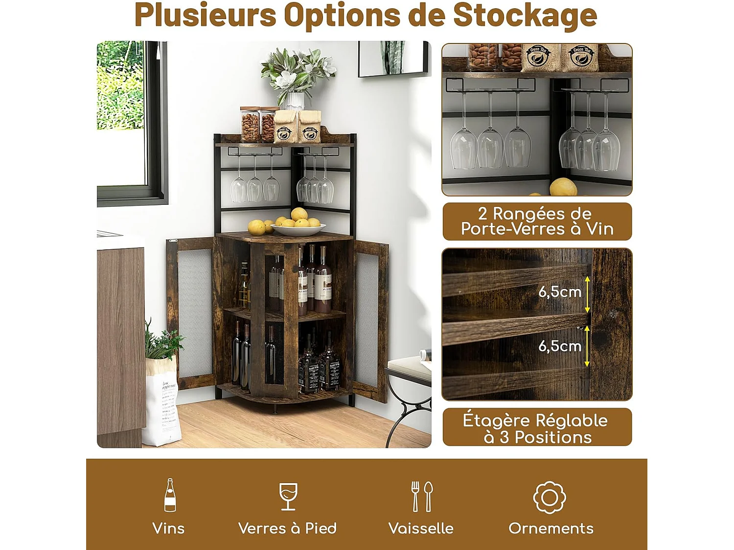 Buffet Cuisine Industriel, Armoire d’Angle, Étagère Réglable, Meuble Bar avec Porte-Verres, Placard à Porte en Maille Métallique, Kit Anti-basculement Inclus, 46 x 46 x 130 CM (Marron Rustique)
