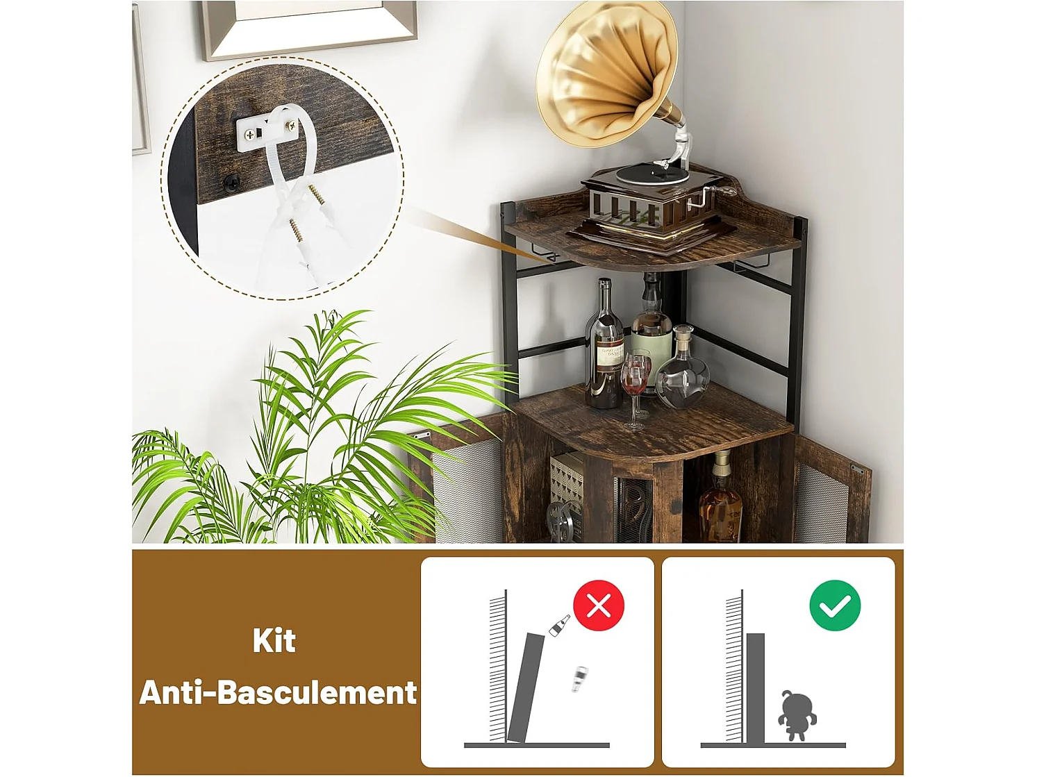 Buffet Cuisine Industriel, Armoire d’Angle, Étagère Réglable, Meuble Bar avec Porte-Verres, Placard à Porte en Maille Métallique, Kit Anti-basculement Inclus, 46 x 46 x 130 CM (Marron Rustique)