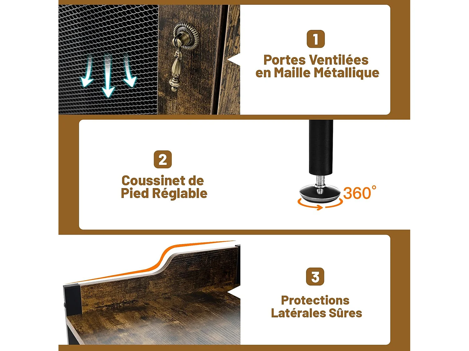 Buffet Cuisine Industriel, Armoire d’Angle, Étagère Réglable, Meuble Bar avec Porte-Verres, Placard à Porte en Maille Métallique, Kit Anti-basculement Inclus, 46 x 46 x 130 CM (Marron Rustique)