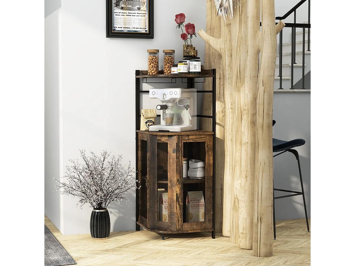 Buffet Cuisine Industriel, Armoire d’Angle, Étagère Réglable, Meuble Bar avec Porte-Verres, Placard à Porte en Maille Métallique, Kit Anti-basculement Inclus, 46 x 46 x 130 CM (Marron Rustique)