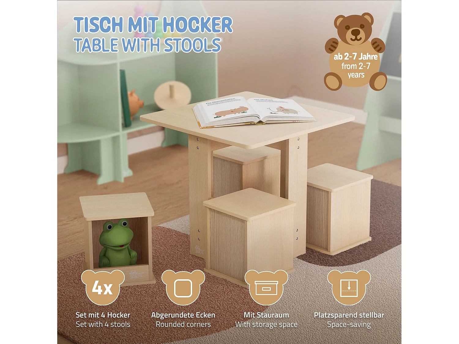 Grupo de asientos para niños con mesa y 4 sillas mueble madera baldas abiertas