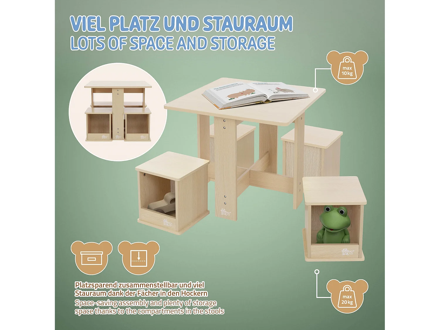 Grupo de asientos para niños con mesa y 4 sillas mueble madera baldas abiertas