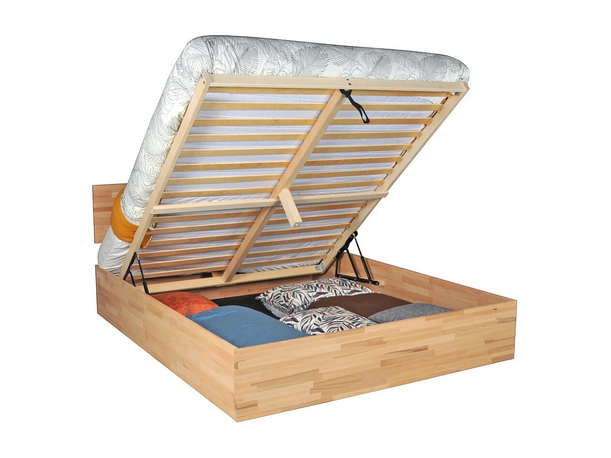 Lit coffre 160x200cm MILO avec tête de lit + sommier/ Hêtre massif huilé