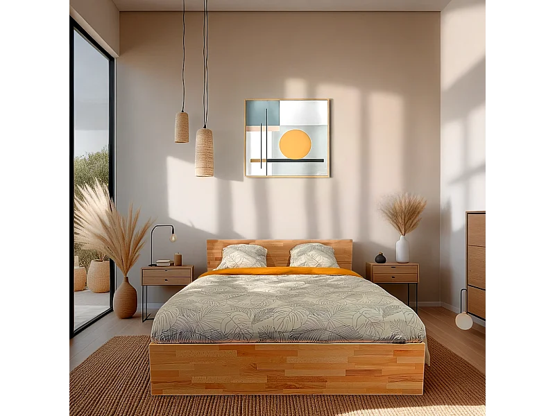 Lit coffre 160x200cm MILO avec tête de lit + sommier/ Hêtre massif huilé