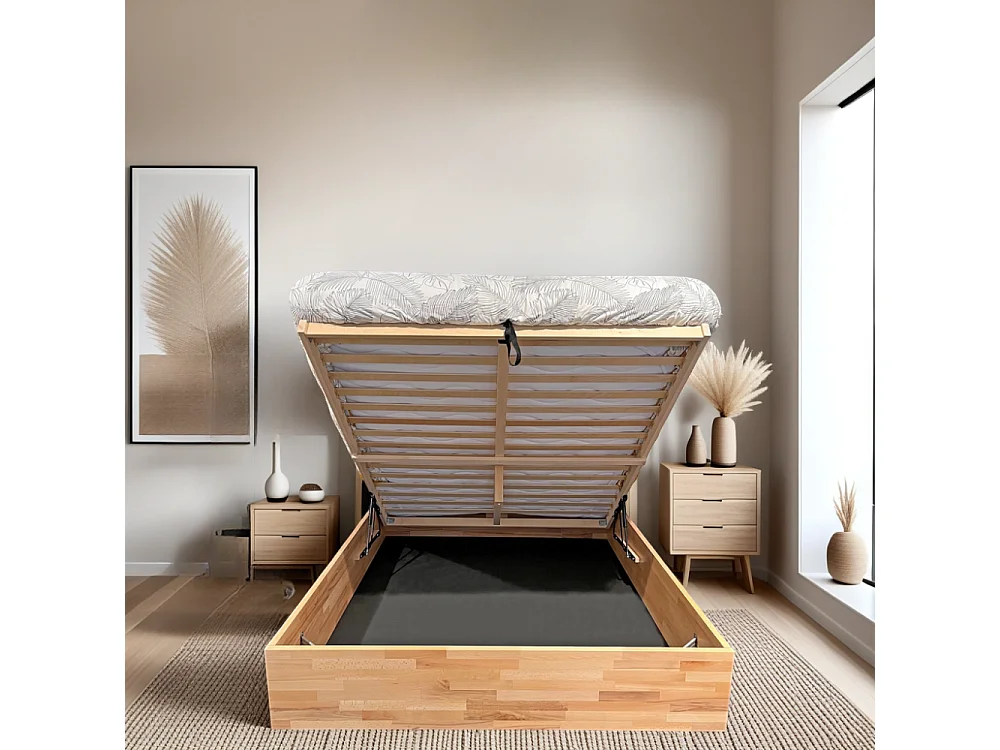 Lit coffre 140x200cm MILO avec tête de lit + sommier/ Hêtre massif huilé