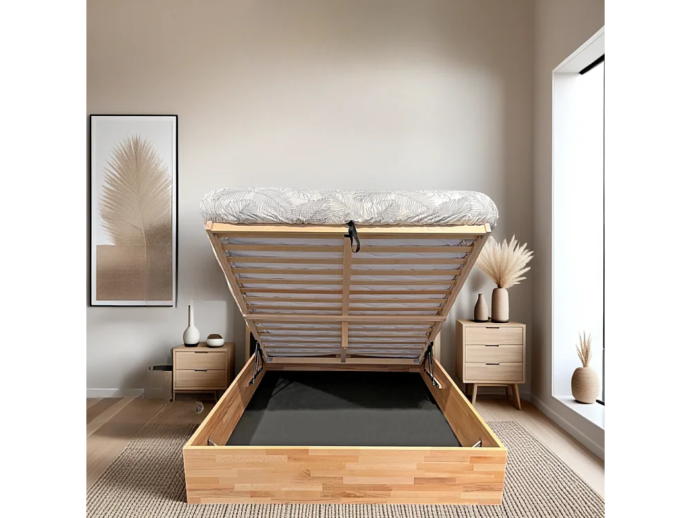 Lit coffre 140x200cm MILO avec tête de lit + sommier/ Hêtre massif huilé