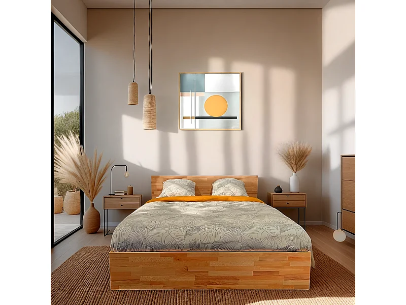 Lit coffre 140x200cm MILO avec tête de lit + sommier/ Hêtre massif huilé