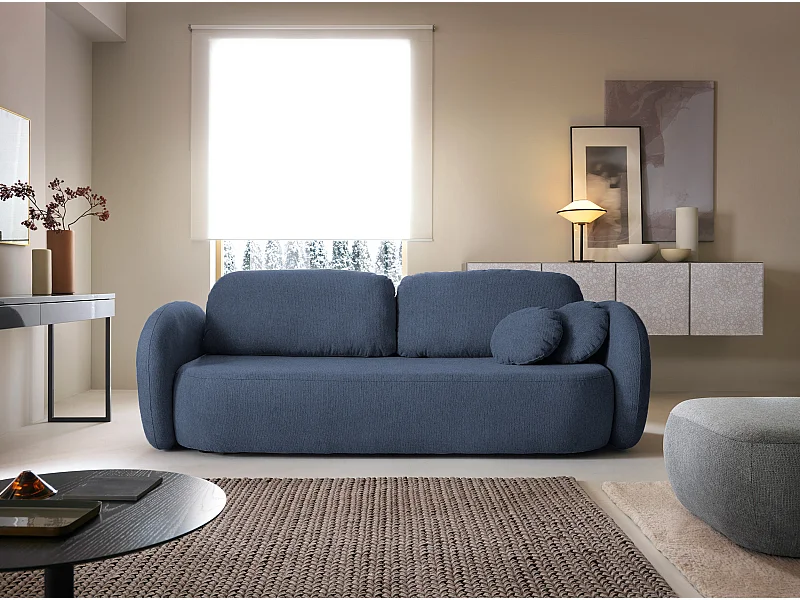Sofa OLIO rozkładana z pojemnikiem, poduszki dekoracyjne, funkcja składania, design skandynawski, kolor: NIEBIESKI