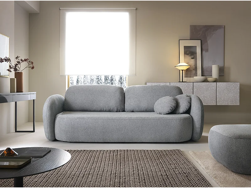 Canapé OLIO Convertible avec coffre, coussins décoratifs, fonction pliable, design scandinave, couchage 142x200 cm, pieds noirs, couleur GRIS