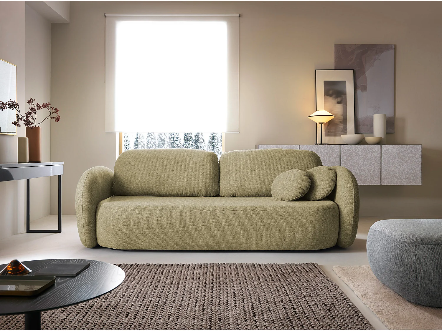 Sofa OLIO rozkładana z pojemnikiem, poduszki dekoracyjne, funkcja składania, design skandynawski, kolor: OLIWA