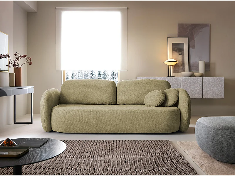 Sofa OLIO slaapbank met opbergdoos, decoratieve kussens, opvouwfunctie, Scandinavisch ontwerp, kleur: OLIEF