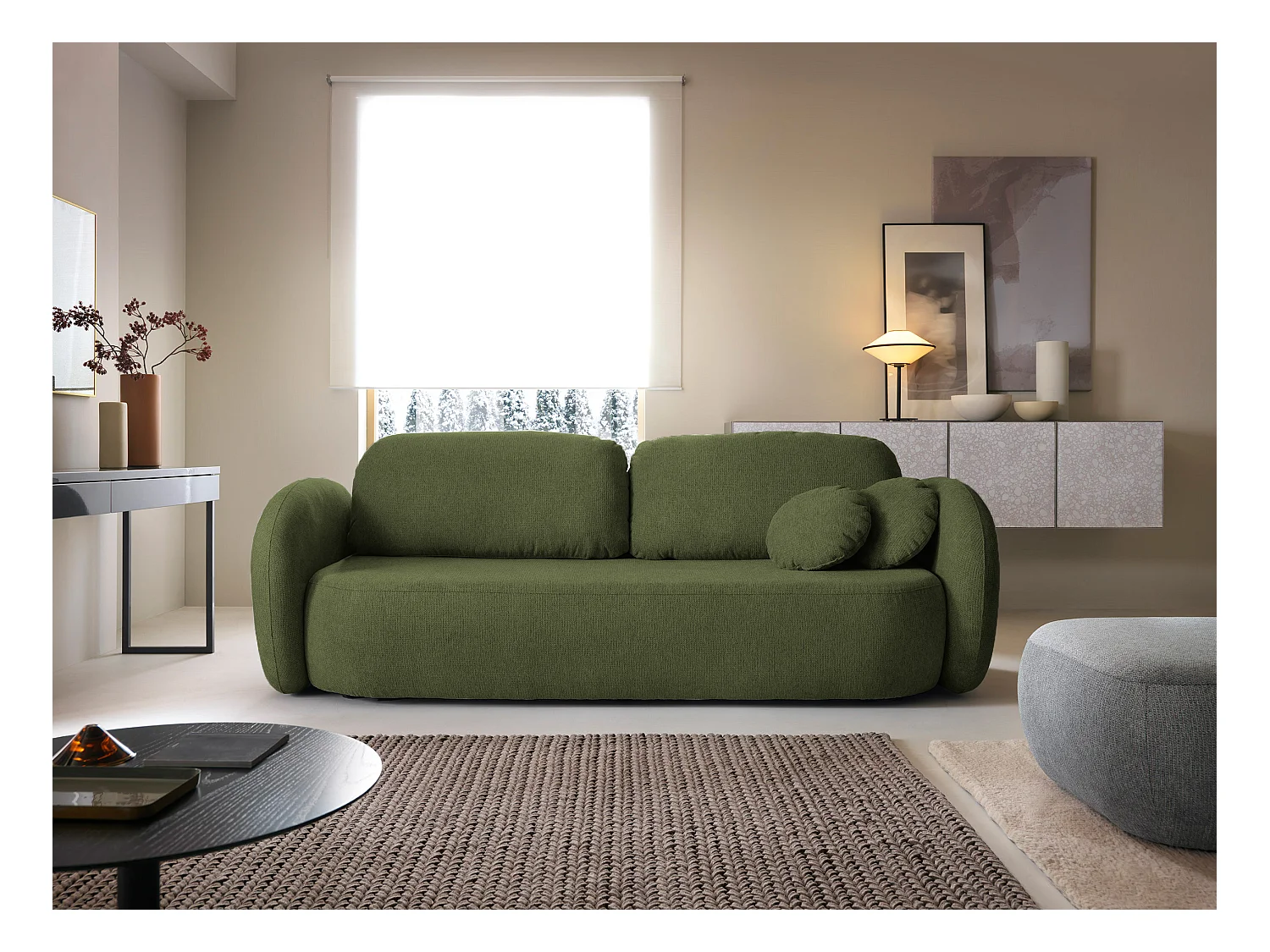 Sofa OLIO slaapbank met opbergdoos, decoratieve kussens, opvouwfunctie, Scandinavisch ontwerp, kleur: GROEN