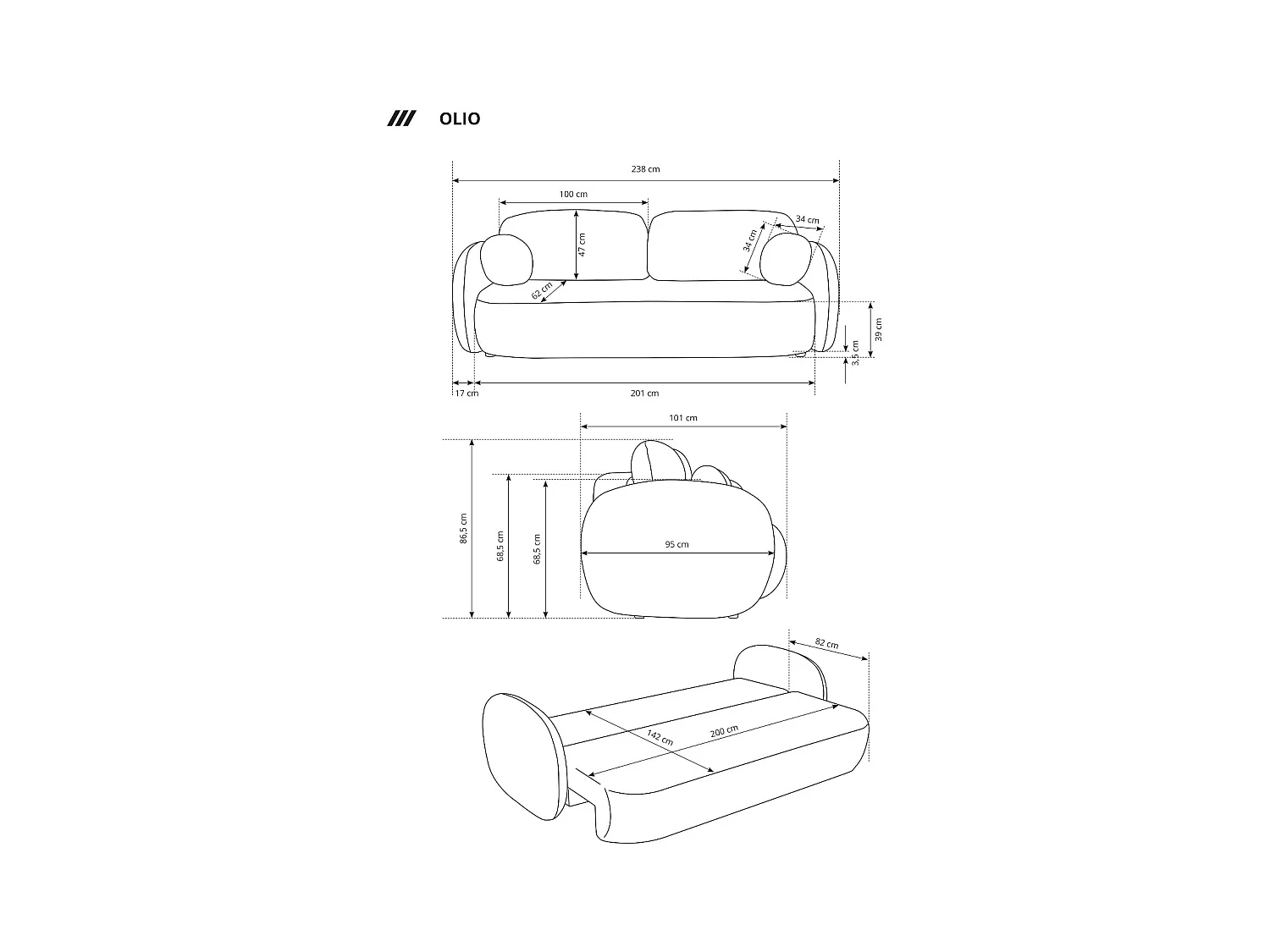 Sofa OLIO slaapbank met opbergdoos, decoratieve kussens, opvouwfunctie, Scandinavisch ontwerp, kleur: GROEN