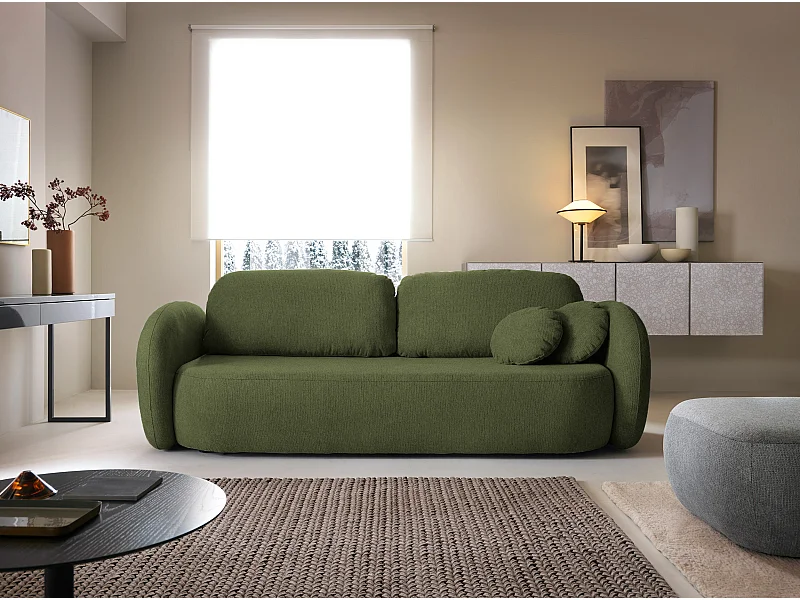 Canapé OLIO Convertible avec coffre, coussins décoratifs, fonction pliable, design scandinave, couchage 142x200 cm, pieds noirs, couleur VERT