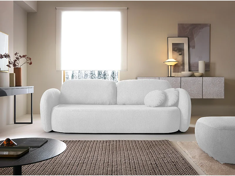 Canapé OLIO Convertible avec coffre, coussins décoratifs, fonction pliable, design scandinave, couchage 142x200 cm, pieds noirs, couleur ASHE