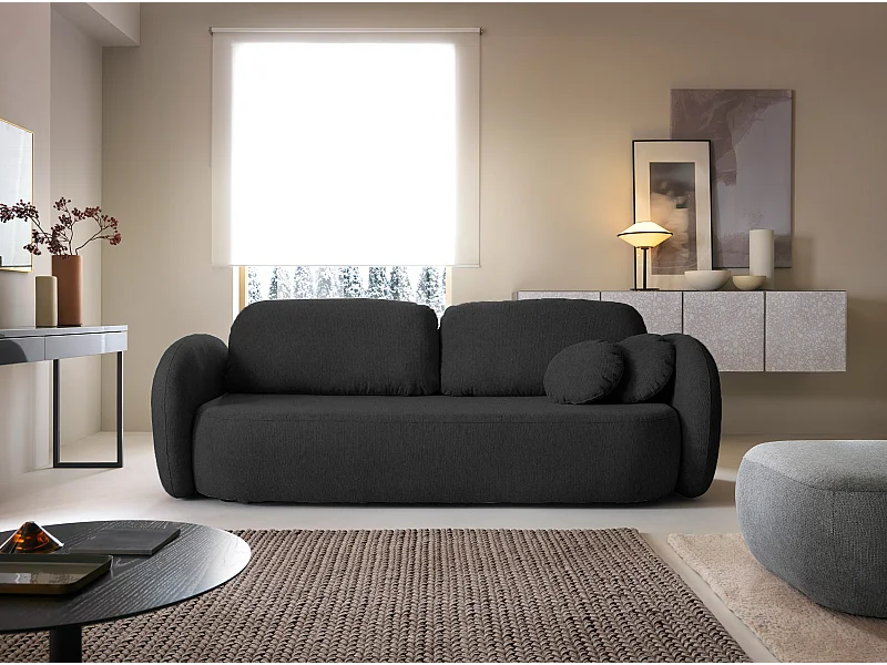 Canapé OLIO Convertible avec coffre, coussins décoratifs, fonction pliable, design scandinave, couchage 142x200 cm, pieds noirs, couleur GRAPHIITE
