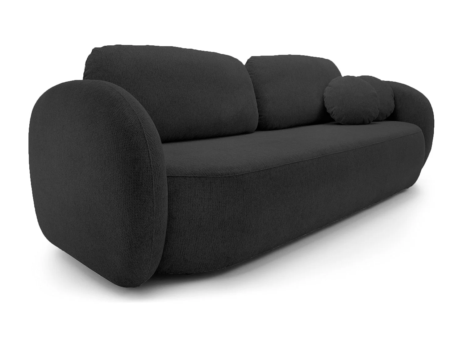 Canapé OLIO Convertible avec coffre, coussins décoratifs, fonction pliable, design scandinave, couchage 142x200 cm, pieds noirs, couleur GRAPHIITE