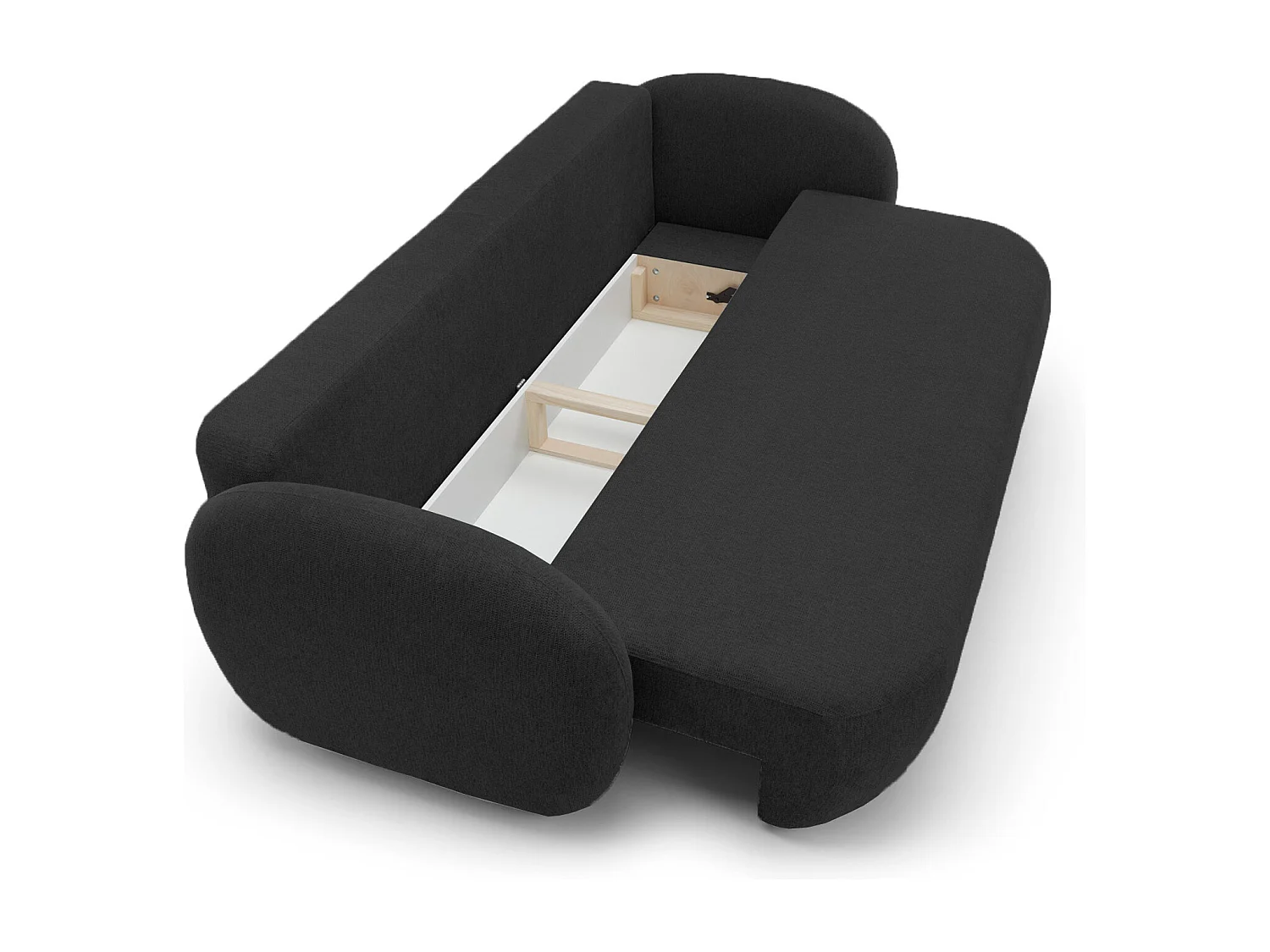 Canapé OLIO Convertible avec coffre, coussins décoratifs, fonction pliable, design scandinave, couchage 142x200 cm, pieds noirs, couleur GRAPHIITE