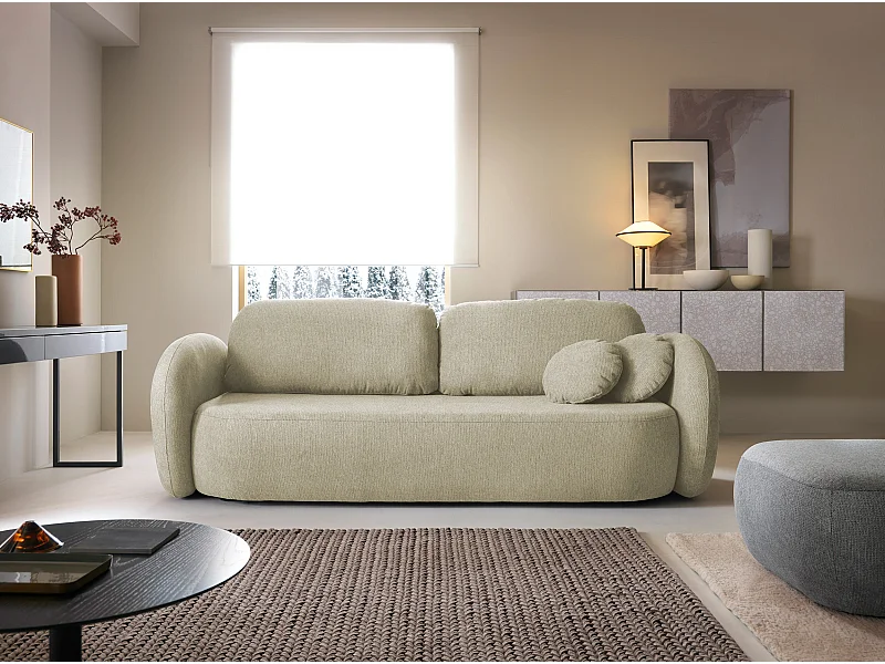 Sofa OLIO rozkładana z pojemnikiem, poduszki dekoracyjne, funkcja składania, design skandynawski, kolor: BEŻ
