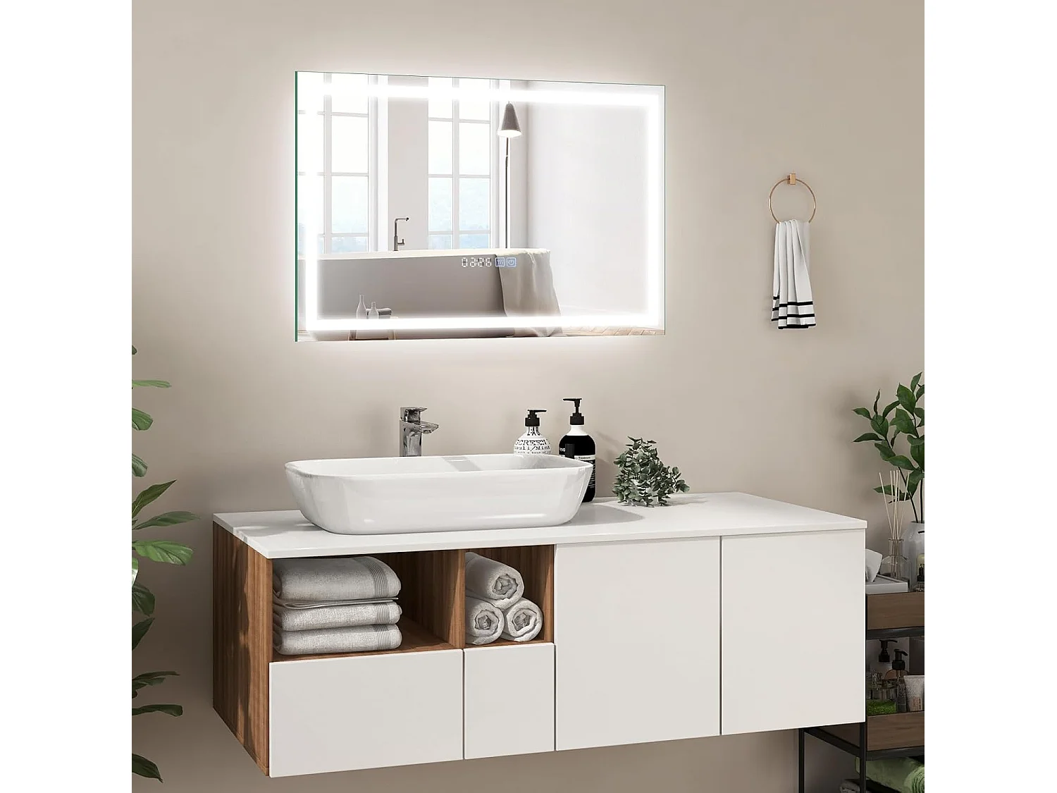 Miroir Salle de Bain 70 x 50 cm, Miroir Rectangulaire Anti-Buée, 3000-6000K, Luminosité Réglable, Miroir Maquillage, Affichage Temps, Miroir Mural, Interrupteur Tactile, Fonction Mémoire