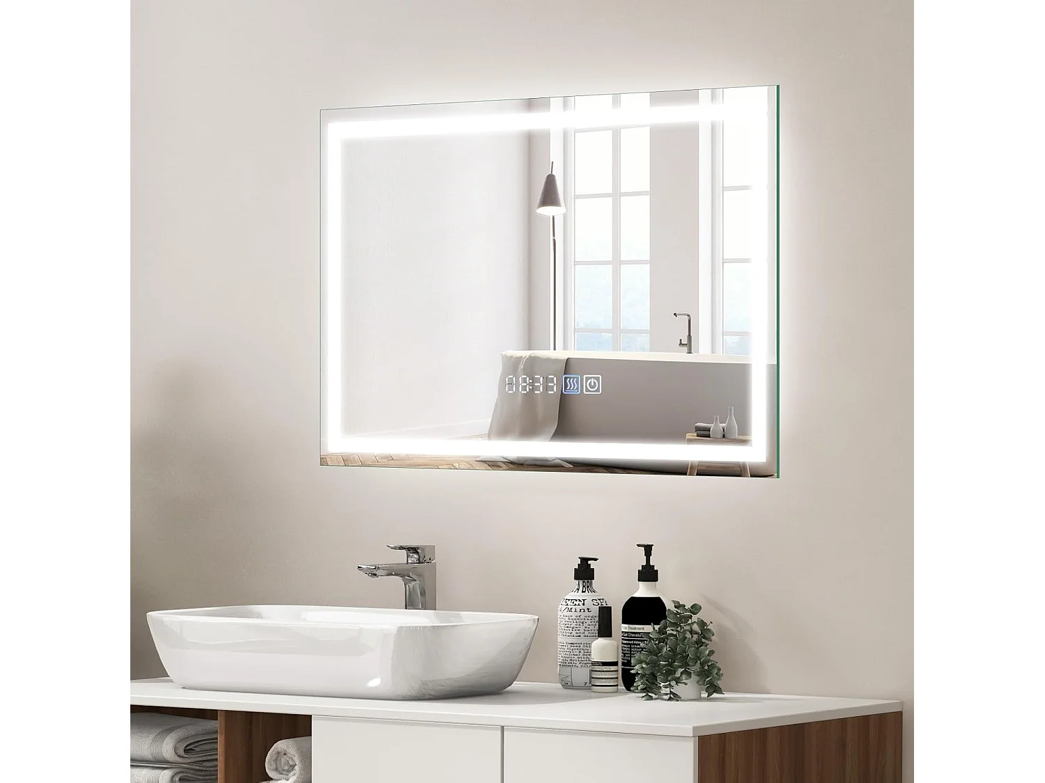 Miroir Salle de Bain 70 x 50 cm, Miroir Rectangulaire Anti-Buée, 3000-6000K, Luminosité Réglable, Miroir Maquillage, Affichage Temps, Miroir Mural, Interrupteur Tactile, Fonction Mémoire