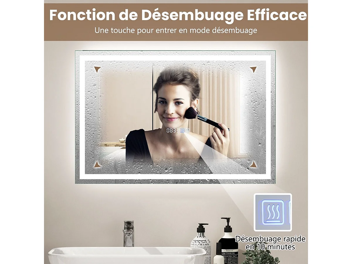 Miroir Salle de Bain 70 x 50 cm, Miroir Rectangulaire Anti-Buée, 3000-6000K, Luminosité Réglable, Miroir Maquillage, Affichage Temps, Miroir Mural, Interrupteur Tactile, Fonction Mémoire