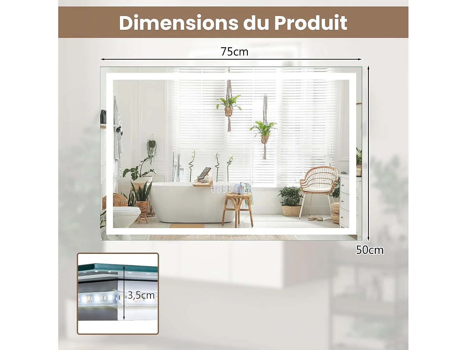 Miroir Salle de Bain 70 x 50 cm, Miroir Rectangulaire Anti-Buée, 3000-6000K, Luminosité Réglable, Miroir Maquillage, Affichage Temps, Miroir Mural, Interrupteur Tactile, Fonction Mémoire