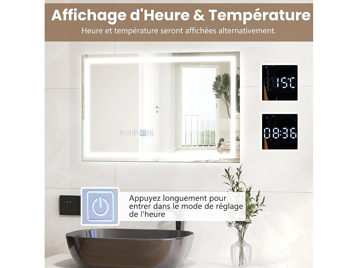 Miroir Salle de Bain 70 x 50 cm, Miroir Rectangulaire Anti-Buée, 3000-6000K, Luminosité Réglable, Miroir Maquillage, Affichage Temps, Miroir Mural, Interrupteur Tactile, Fonction Mémoire